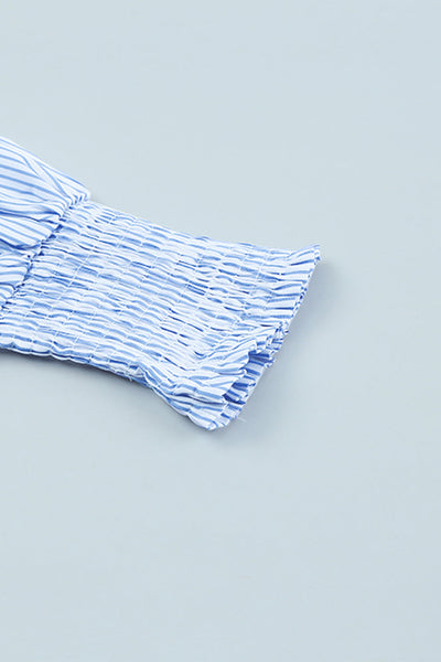 Women's Sky Blue Smocked Cuff Striped Boyfriend Shirt