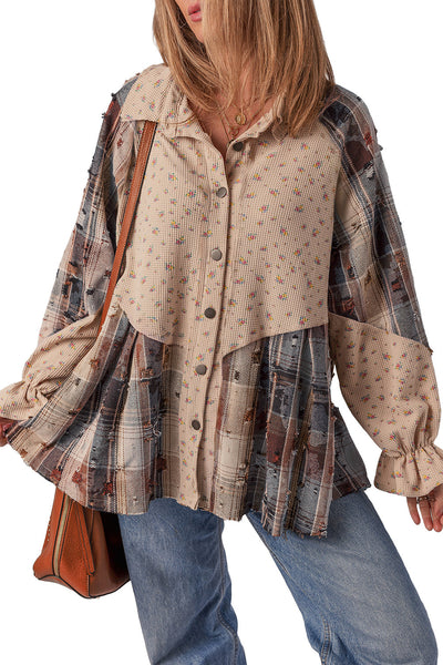 Women's Boho Floral Patchwork Shacket in Ashleigh Blue with Ruffled Sleeves & Distressed Knit Detail for Trendy Layering