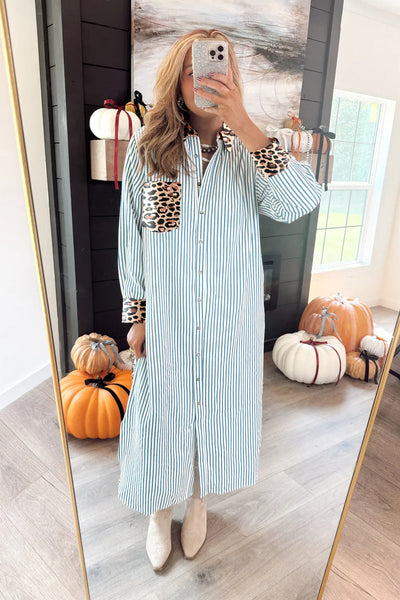 Women's Sky Blue Striped Leopard Patchwork Midi Shirt Dress