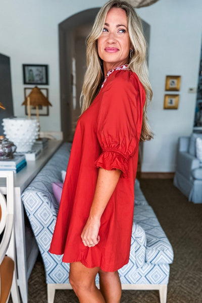 Chic Women's Fiery Red Mini Dress with Flounced Half Sleeves, Embroidery Detail, and Trendy Split Neck Design