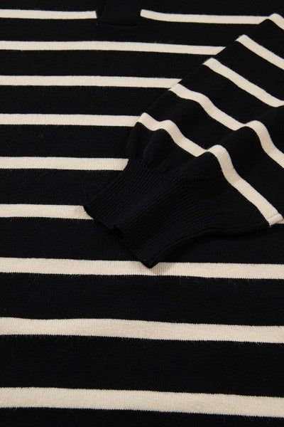 Elegant Women's Black Striped Polo Mini Dress with Puff Sleeves for Stylish Comfort and Versatile Everyday Wear