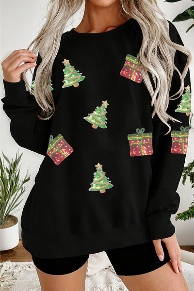 Women's Black Sequin Christmas Tree Sweatshirt with Drop Shoulders