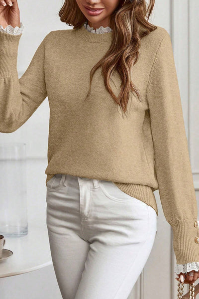 Light Beige Women's Lace Trim Patchwork Sweater with Buttoned Cuffs - Cozy Relaxed Fit for Effortless Style