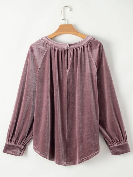 Velvet Keyhole Back Swing Blouse in Rose Tan