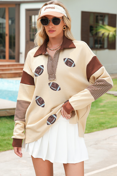Women's Sequined Football Polo Sweatshirt with Striped Patchwork