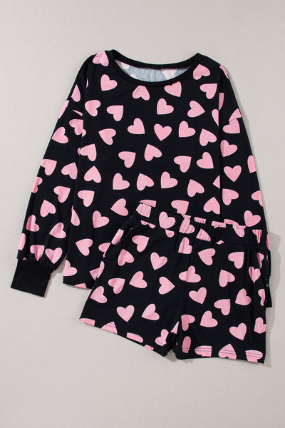 Women's Black Heart Print Long Sleeve Lounge Set with Shorts Adorable Cozy Valentine's Day Outfit for Women