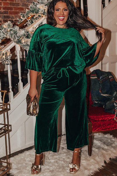 Plus Size Women's Blackish Green Velvet Ruffled Half Sleeve Top with Drawstring Pants Set for Stylish Comfort