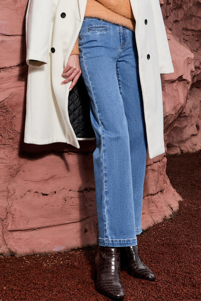 Women's Light Blue High Rise Straight Leg Jeans with Double Button