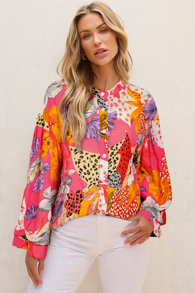 Stylish Women's Red Floral Print Ruffled Bubble Sleeve Shirt with Button Detail Comfortable and Trendy Fit
