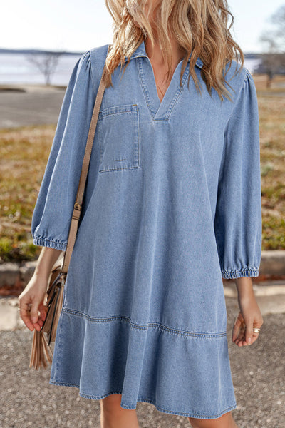 Stylish Women's Beau Blue Denim Dress with V-Neck, Collared Long Sleeves, and Chic Chest Pocket for Effortless Elegance