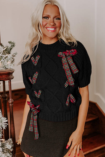 women's black plaid puff sleeve sweater with lace-up detail - stylish holiday top for festive occasions with practical styling and dependable