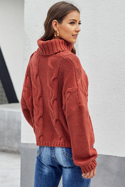 Cozy Women's Fiery Red Handmade Cable Knit Turtleneck Sweater Stylish Warmth for Cuddle Weather Comfort