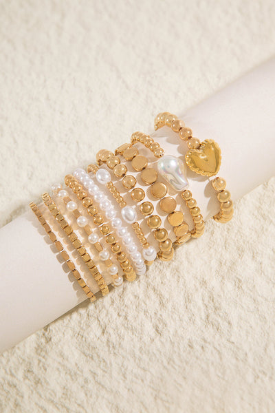 Chic Women's Gold-Plated Pearl Beaded Bracelet Set - 10 Elegant Pieces for Versatile Fashion Styles and Outfits
