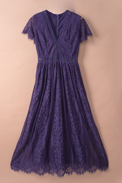 Women's Floral Crochet Lace V-Neck Midi Dress with Bell Sleeves