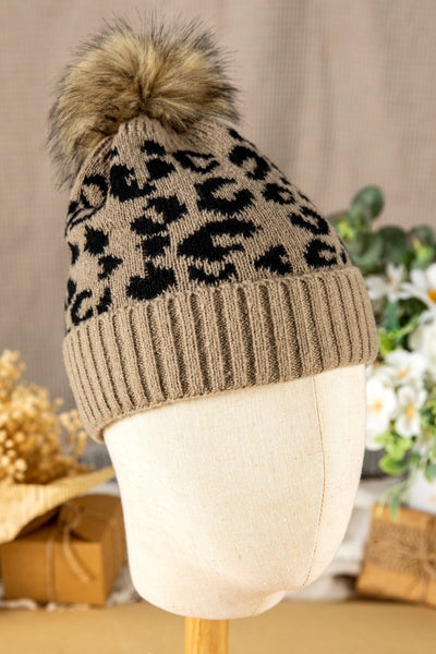 Women's Light Beige Leopard Knit Beanie with Faux Fur Pom
