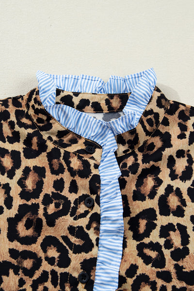 Women's Leopard Print Ruffle Blouse with Striped Contrast