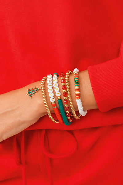 Women's 6-Piece Holiday Bead Bracelet Set with Christmas Tree Charm