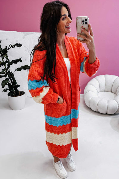 Chic Women's Orange Color Block Long Cardigan with Side Pockets - Cozy Open Front Layer for Effortless Style