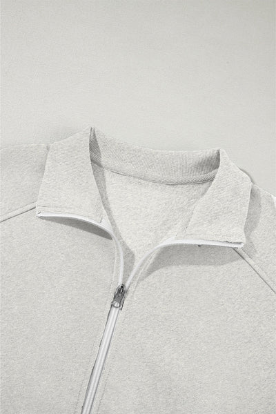 Women's Light Grey Activewear Set: Drop Shoulder Zip-Up Jacket & Drawstring Pants for Stylish Comfort in Fitness