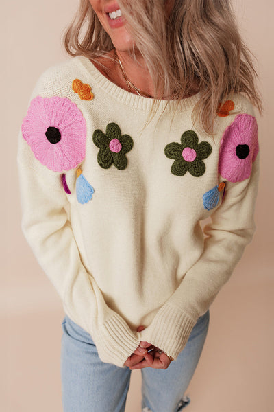 Cozy Women's Beige Knitted Floral Sweater with Ribbed Edges for Chic Autumn Style and Comfortable Fit