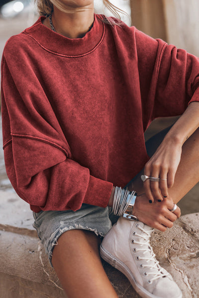Women's Cozy Red Dahlia Drop Shoulder Crew Neck Sweatshirt - Casual Pullover for Effortless Style and Comfort