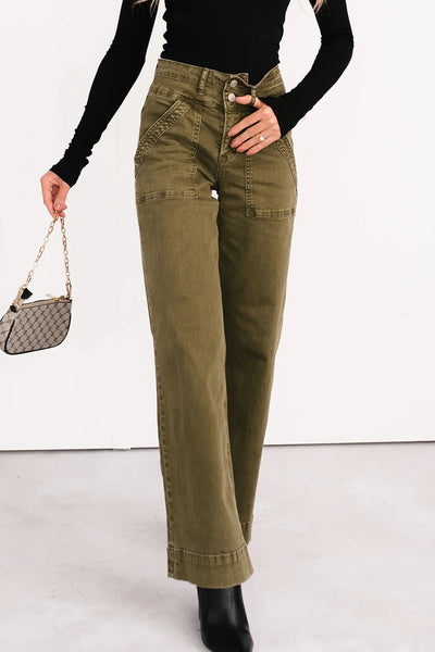 Women's Jungle Green Wide Leg Mica Denim Jeans - Effortlessly Chic Casual Fit for Everyday Style and Comfort