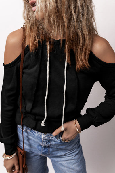 Trendy Women's Black Cold Shoulder Hoodie with Exposed Seams & Adjustable Drawstring for Casual Chic Comfort