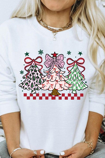 Women's White Bow Christmas Tree Graphic Sweatshirt