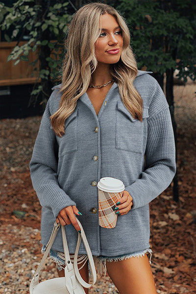 Women's Medium Grey Ribbed Knit Shacket with Button Front & Flap Pockets - Stylish Casual Layer for Effortless Layering
