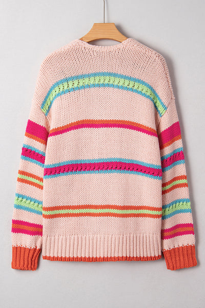 Chic Women's Oversized Multicolor Striped Knit Cardigan - Cozy Open Front Layer for Stylish Fall Outfits