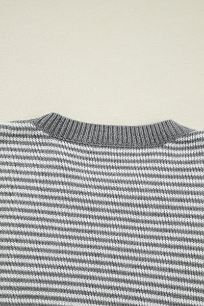 Cozy Women's Gray Striped Drop Shoulder Sweater with Geometric Texture for Effortless Casual Style