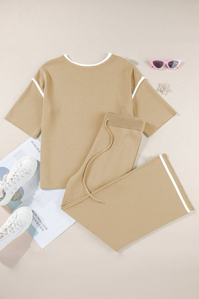 Women's Camel Knit Half-Sleeve Top and Wide-Leg Drawstring Pant Set