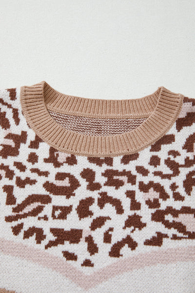 Women's Taupe Leopard Chevron Colorblock Knit Sweater