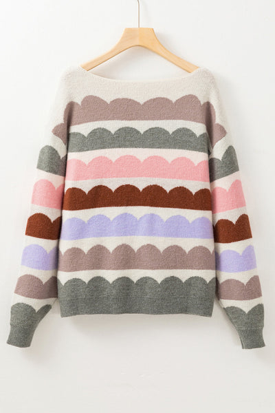 Cozy Women's Gray Striped Balloon Sleeve Sweater with Drop Shoulders for Trendy Fall Fashion