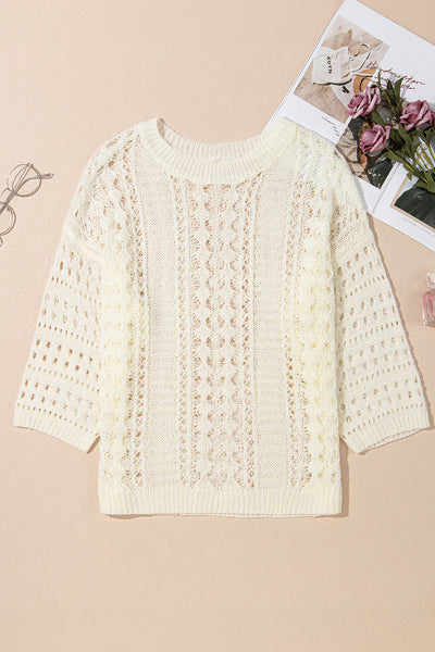 Women's Ivory Pointelle Knit Sweater with Bracelet Sleeves