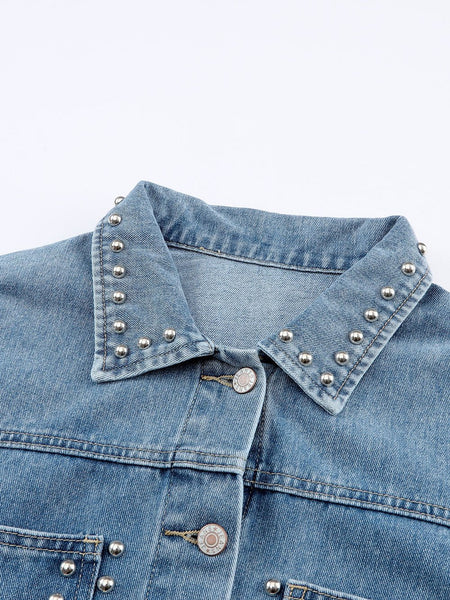 Women's Sky Blue Rhinestone Embellished Denim Shacket