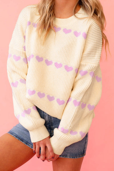 Women's Lavender Heart Ribbed Knit Sweater in Cream