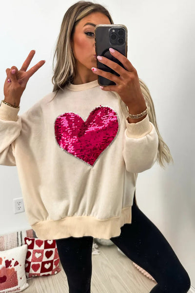 Trendy Women's Beige Ribbed Sweatshirt with Sequin Heart, Side Slit, Perfect for Casual Chic Outfits