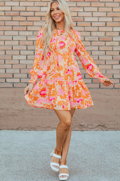 Trendy Women's Orange Abstract Print Ruffle Mini Dress with Smocked Lantern Sleeves for Summer Fashion