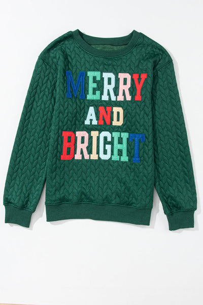 Women's Blackish Green Merry & Bright Cable Knit Pullover Sweatshirt - Cozy Holiday Style, Perfect for Winter Layers
