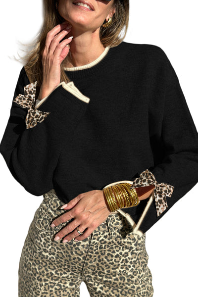 Chic Women's Black Leopard Print Sweater with Bow Detail, Split Cuffs & Contrast Trim for Trendy Fall Fashion