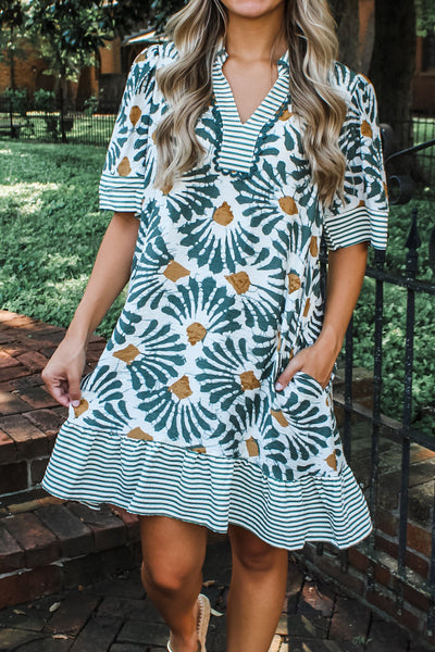Trendy Women's Green Floral Mini Dress with Striped Collar and Ruffle Hem Perfect Summer Outfit for Stylish Ladies
