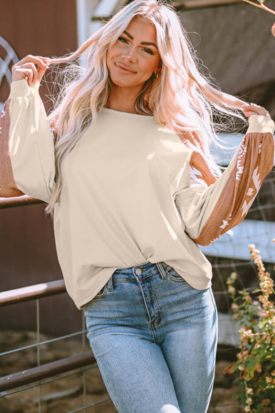 Trendy Women's Apricot Western Print Long Sleeve Top with Unique Patch Design for Casual Everyday Style