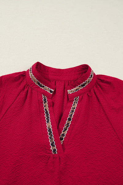 Women's Racing Red Leopard Trim V-Neck Blouse in Textured Crepe