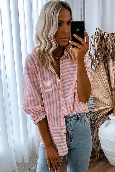 Women's Casual Long Sleeve Pink Striped Button-Up Shirt - Stylish Everyday Top for Effortless Outfits