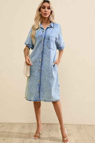 Women's Retro Short Sleeve Denim Midi Shirt Dress