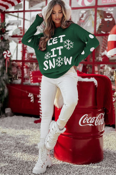 Women's Cozy Blackish Green "Let It Snow" Graphic Holiday Sweater - Relaxed Fit for Festive Winter Style