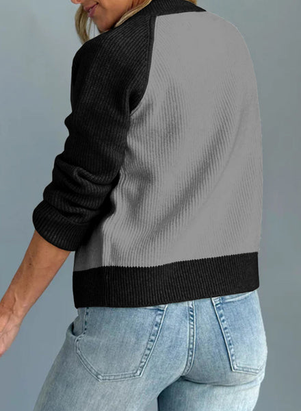 Women's Color-Block Ribbed Knit Cardigan in Black and Slate Grey