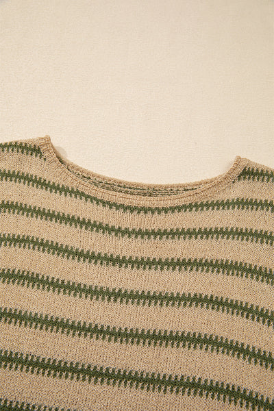 Women's Cozy Khaki Striped Drop Shoulder Sweater - Casual Chic Style for Everyday Comfort and Versatile Wear