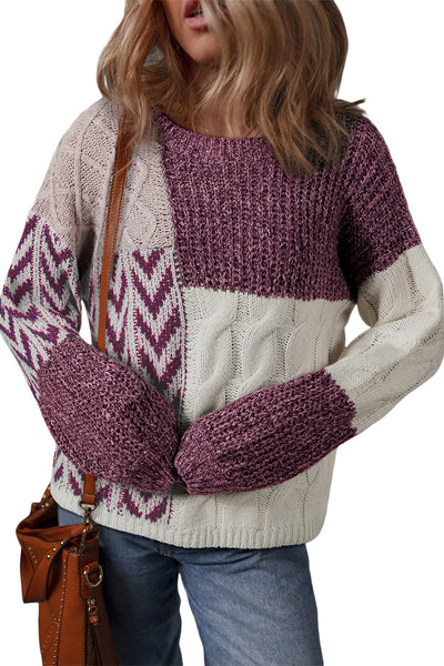 Chic Women's Purple Color Block Sweater with Knotted Back, Relaxed Fit for Casual Outings and Stylish Layering